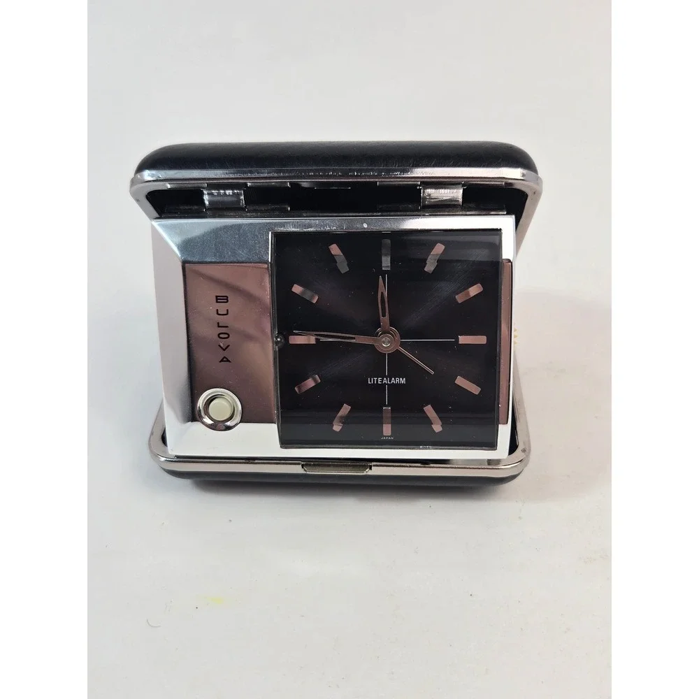 Vintage Bulova Litealarm Travel Clock Folding Wind Up Alarm Japan Black Case